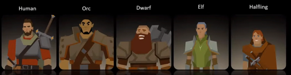Human Orc Dwarf Elf Halfing characters from Mirandus