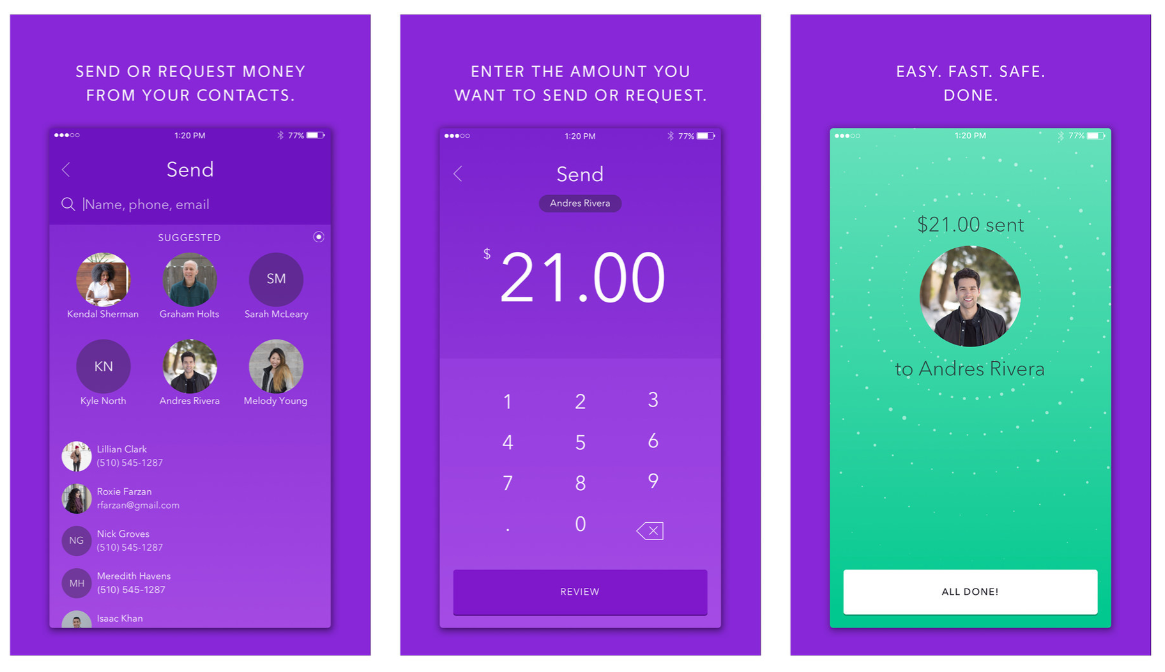 Screenshots of Zelle payment app