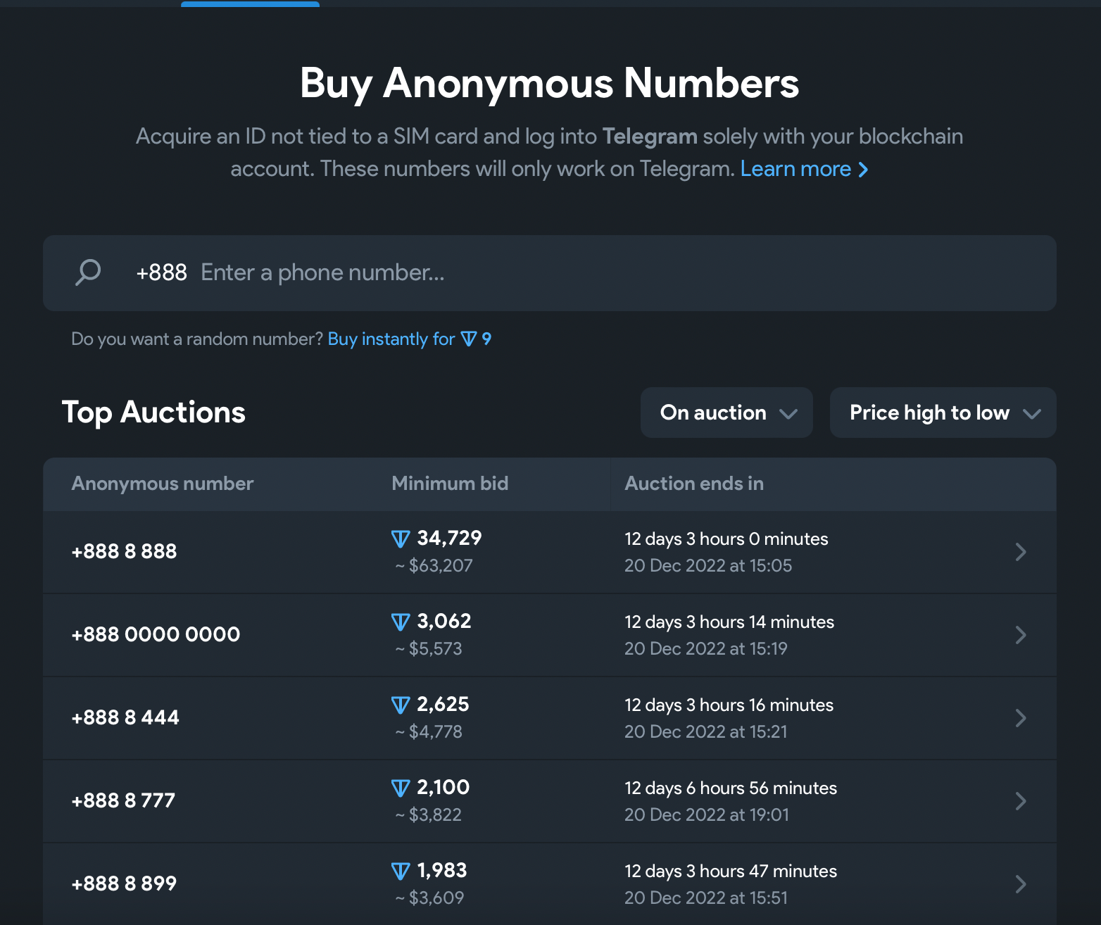 Numbers auction on Fragment