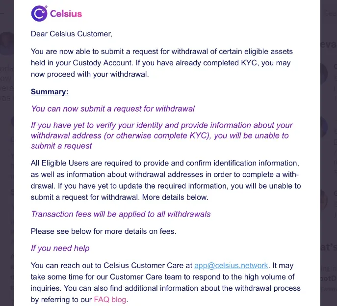 An email sent by Celsius to eligible customers on March 2. 