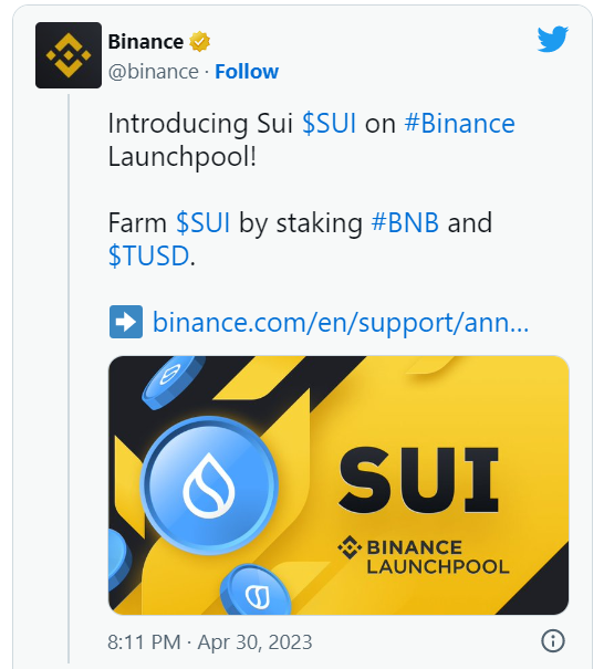 Binance's Tweet about Sui.