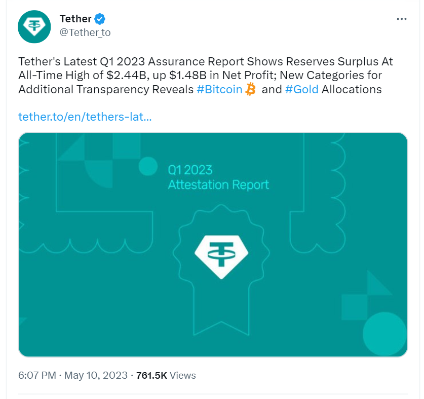 Tether tweet about the release of the new report.