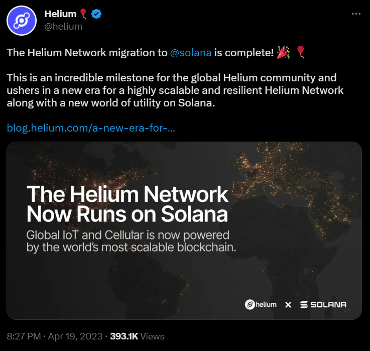 Tweet about the migration of Helium to Solana