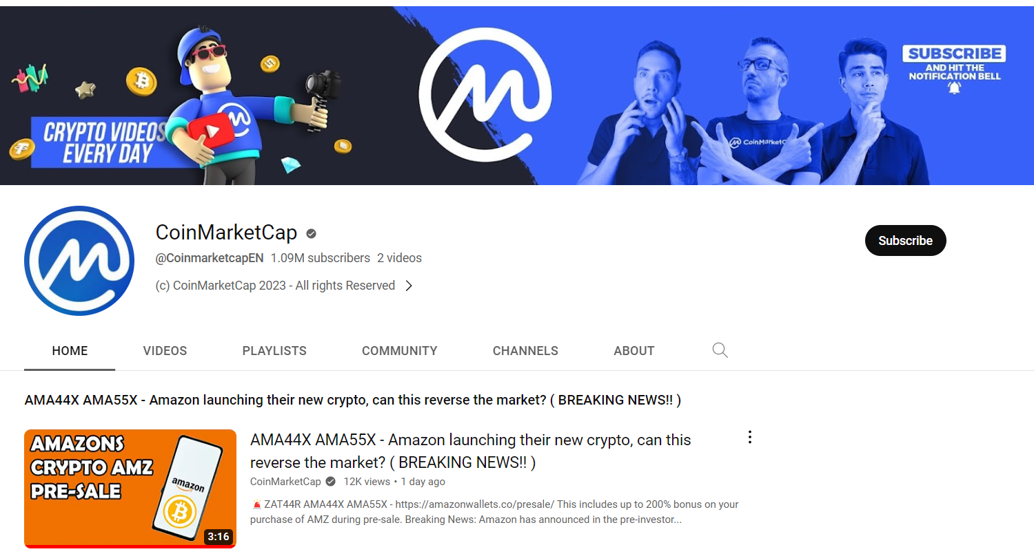 Screenshot of the fake CoinmarketcapEN channel with Amazon token scam video