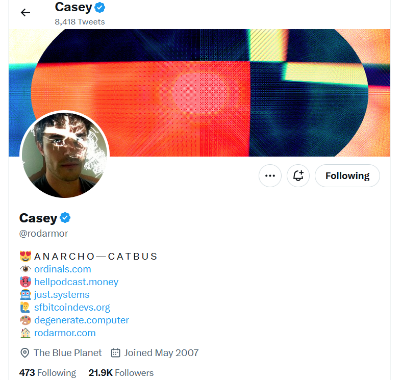 Casey Rodarmor Twitter profile. Source: Twitter
