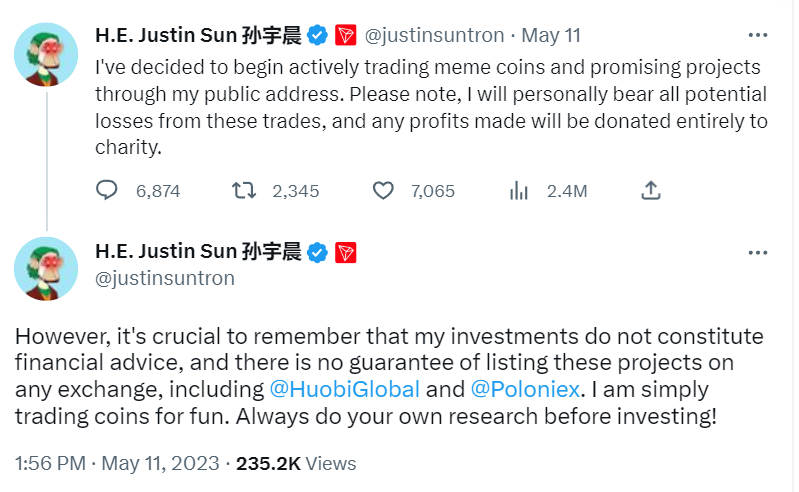 Justin Sun's Tweet.