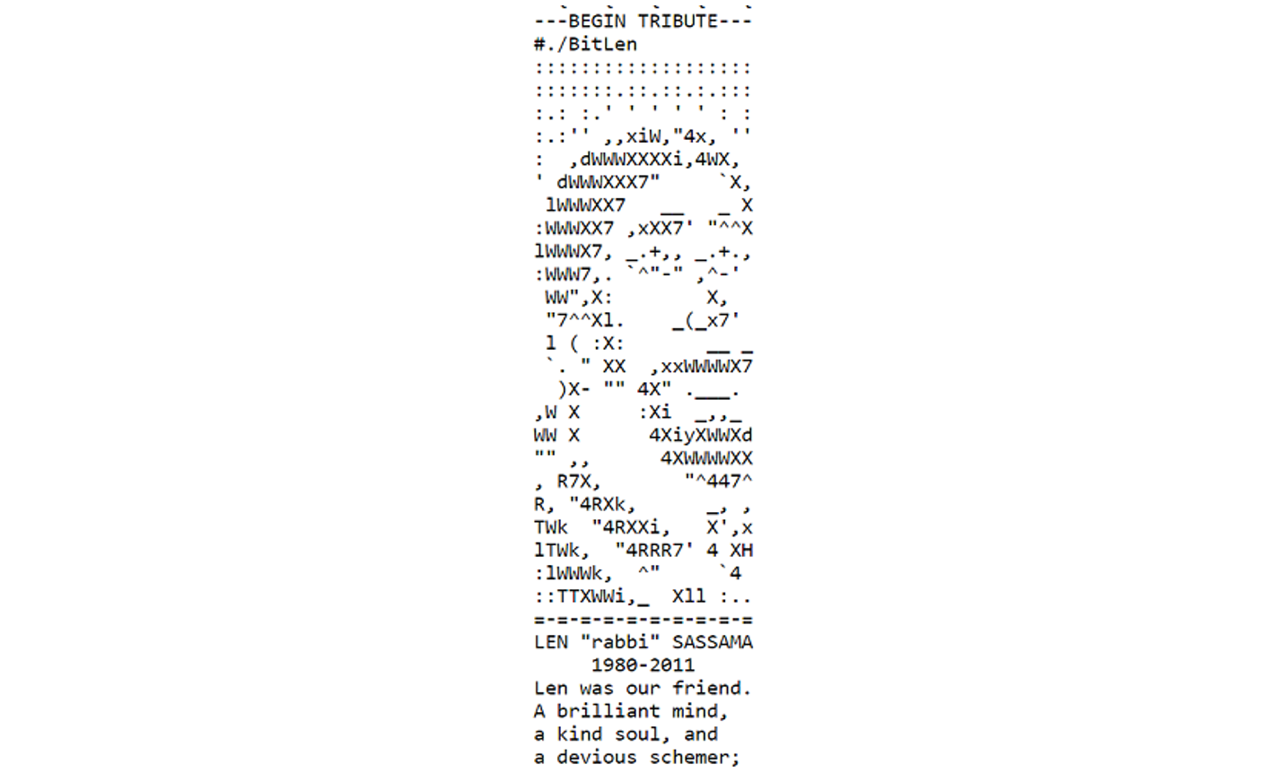 Dan Kaminsky's ASCII-art portrait of Sassaman into Bitcoin block