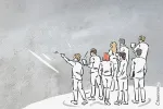 Illustration of a crowd observing or pointing toward a shared goal, symbolizing the collective discovery of truth through prediction markets