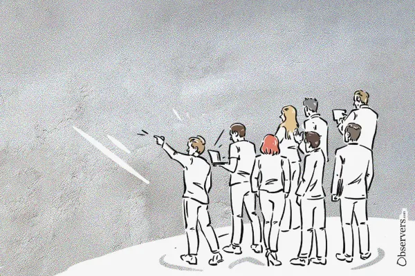Illustration of a crowd observing or pointing toward a shared goal, symbolizing the collective discovery of truth through prediction markets